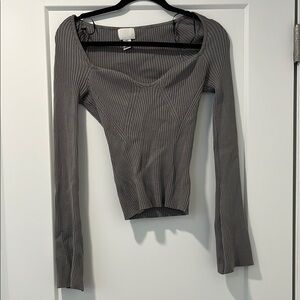 Gray Ribbed Long Sleeve Top